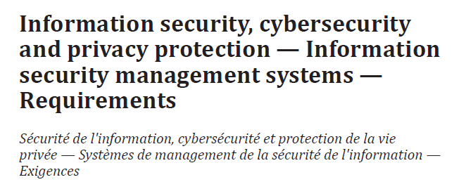 Screenshot des englischen Titels der Norma ISO 27001: "Information security, cybersecurity and privacy protection - Informaiotn security management systems - Requirements"